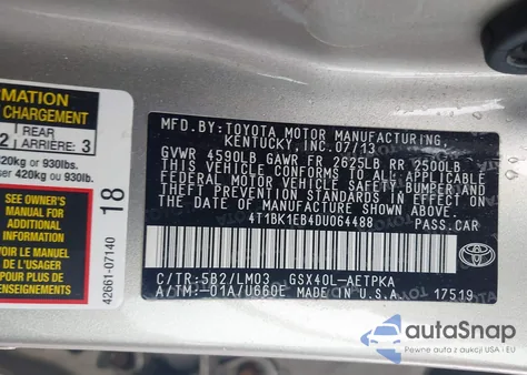 2013 Toyota Avalon Limited z USA, uszkodzony, nr VIN 4T1BK1EB4DU064488